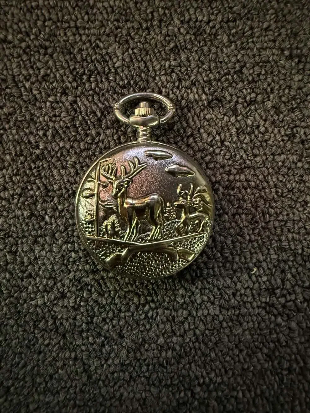 Benrus Quartz Pocket Watch with Embossed Deer Scene Cover